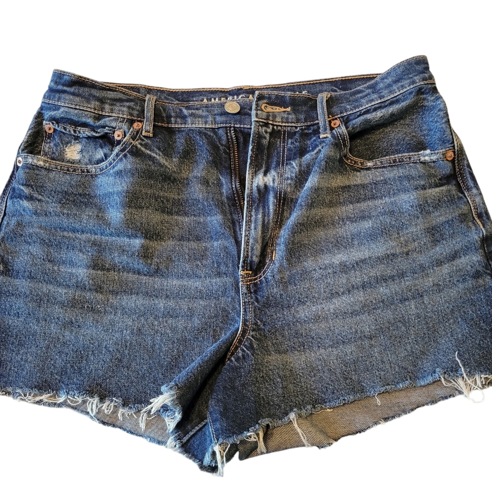 American Eagle Highest Rise 90's Boyfriend Shorts Size 12 Blue Raw Hem Stretch